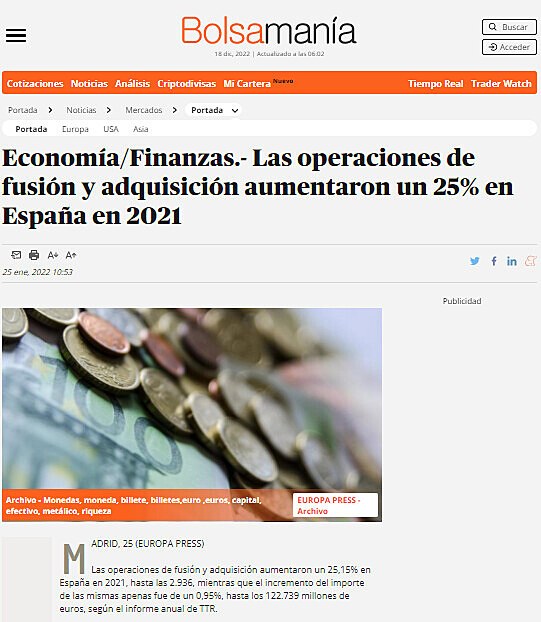 Las operaciones de fusin y adquisicin aumentaron un 25% en Espaa en 2021